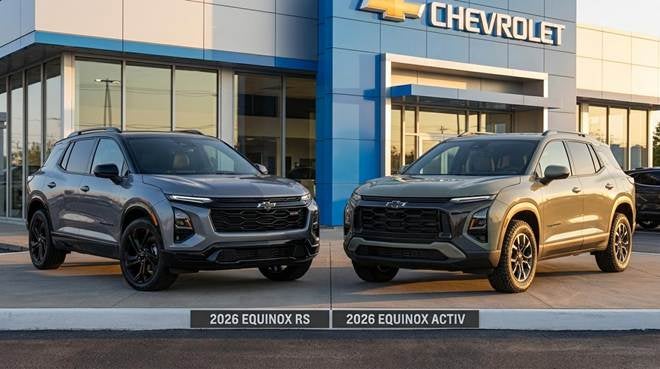 2026 Chevy Equinox RS in dark gray parked next to a 2026 Equinox Activ in earth-tone color at a dealership lot