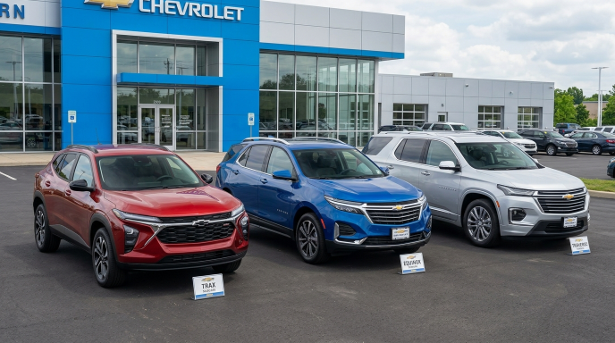 Chevy Trax, Equinox, and Traverse parked side by side showing their size difference