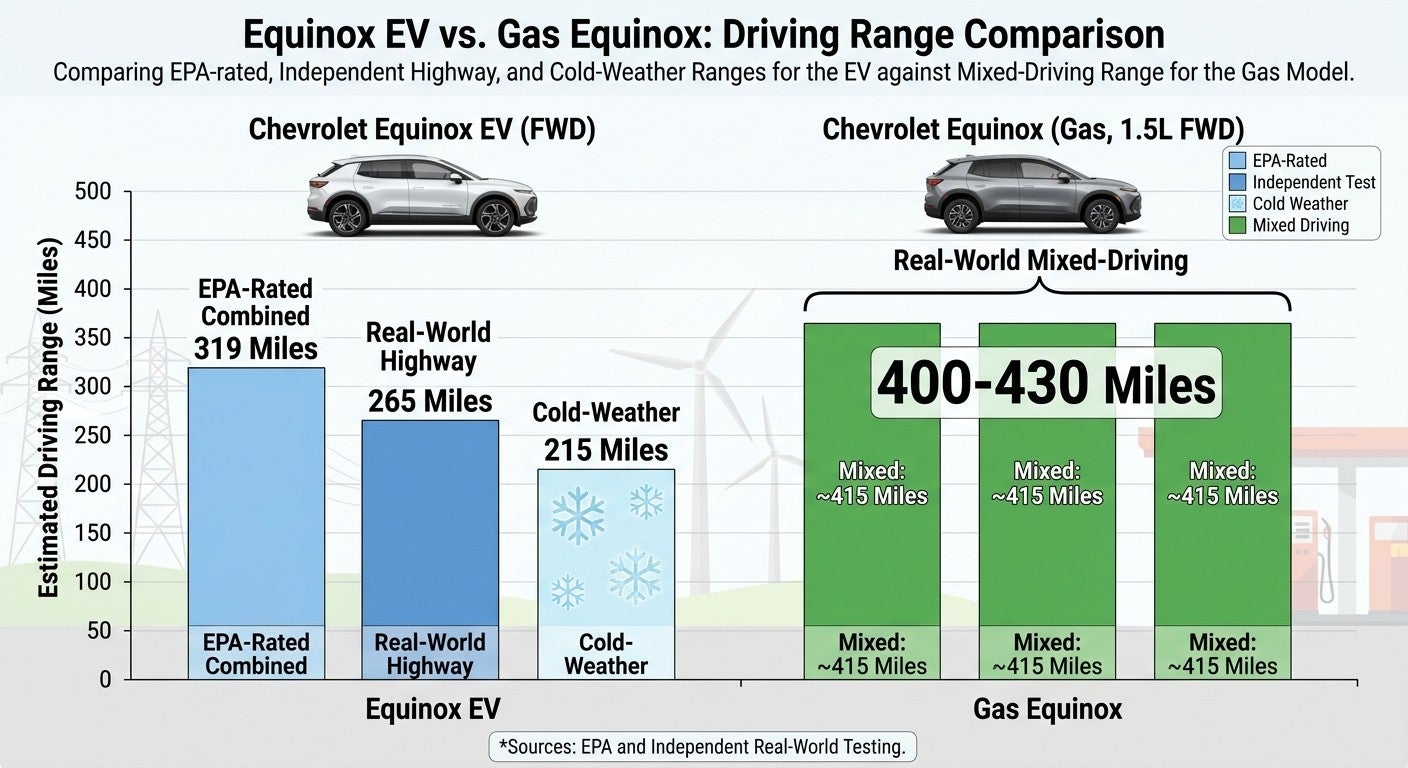 Bar chart comparing Equinox EV and gas Equinox range across EPA rating, real-world highway driving, and cold weather